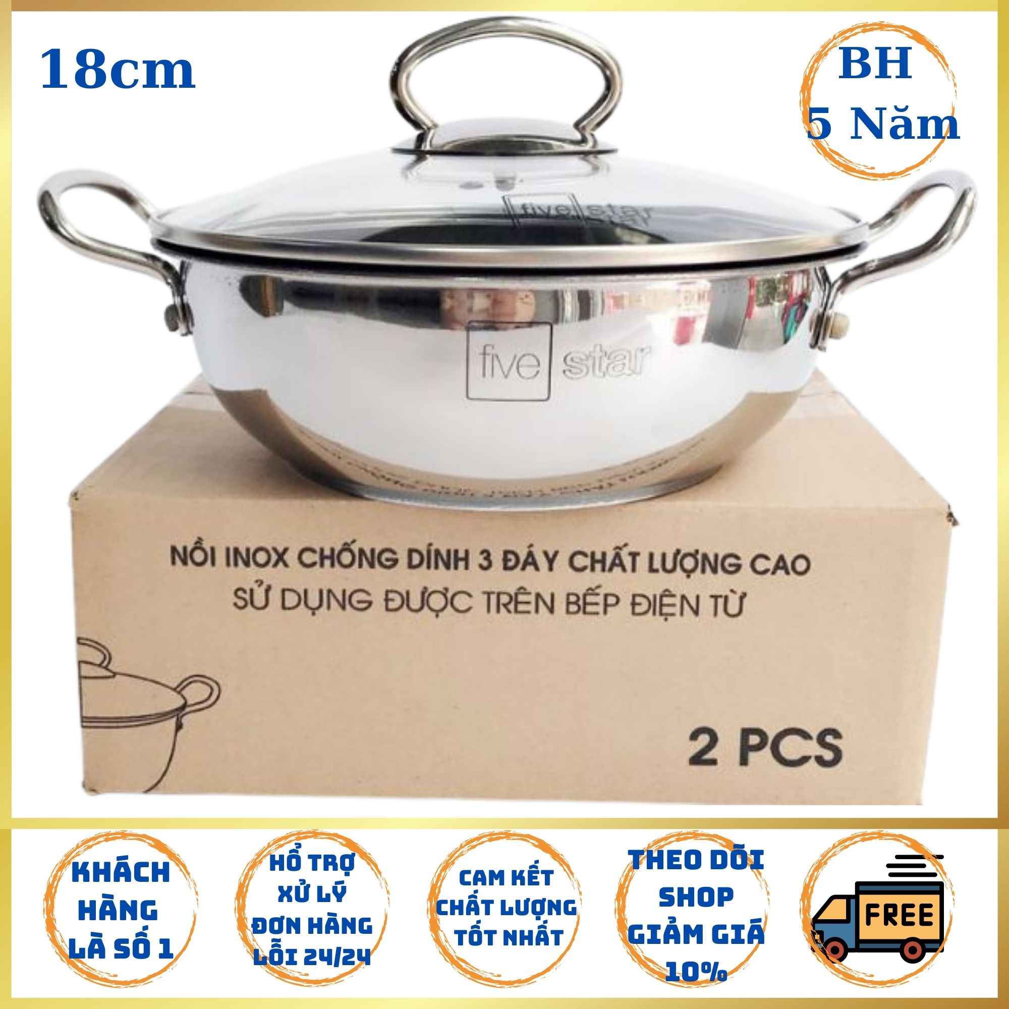 Nồi Five Star Inox Cao Cấp Chông Dính đáy 3 Lớp Vung Kính 18CM.nồi inox dày nấu bếp từ chống cháy cao cấp.