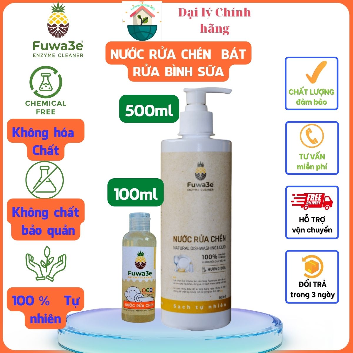Nước rửa bình sữa, nước rửa chén bát hữu cơ, nước rửa chén bát sinh học fuwa 3E Hương dứa ,100% tự nhiên, an toàn cho da