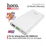Pin sạc dự phòng Hoco J58 dung lượng 10000mAh, sạc nhanh 2A, PD 18W, Q,C 3.0, 3 cổng Output sạc nhiều thiết bị cùng lúc, đèn báo mức pin