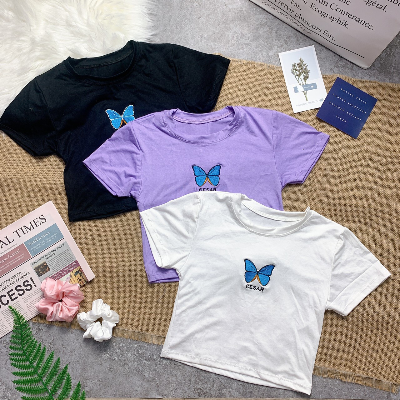Áo croptop thun lụa hình bươm bướm, đủ màu cực xinh xinh
