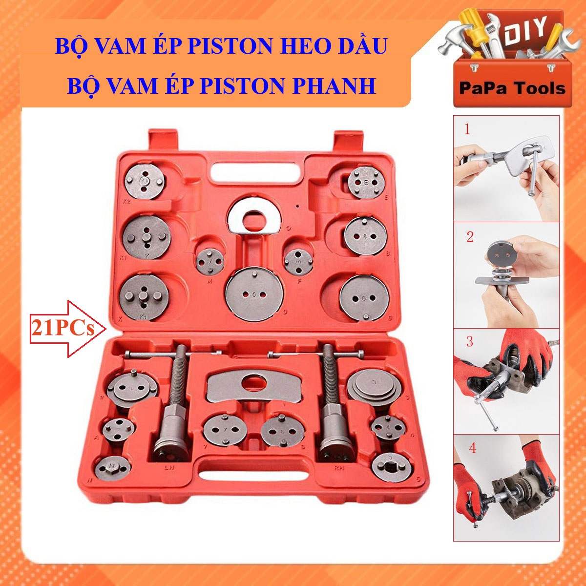 Bộ cảo vam ép piston phanh thắng đĩa 21PCs-Vam ép piston heo dầu điều chỉnh linh hoạt,sử dụng được hầu hết các xe ô tô,xe tải nhẹ
