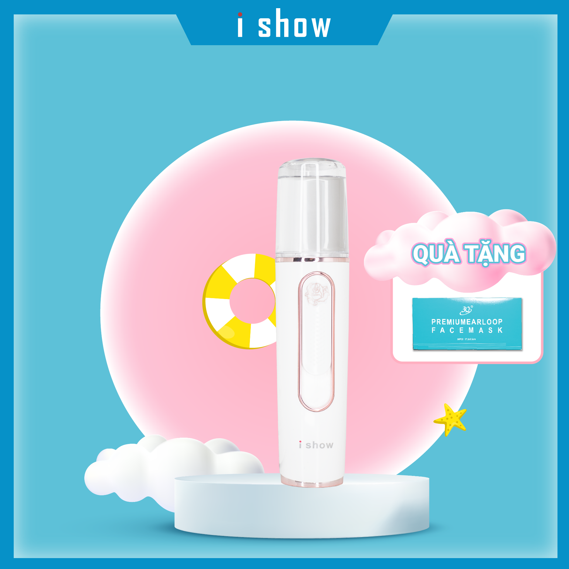 Ishow Máy phun sương nano mini cầm tay cấp dưỡng ẩm cho da mặt - Tặng khẩu trang 3 lớp