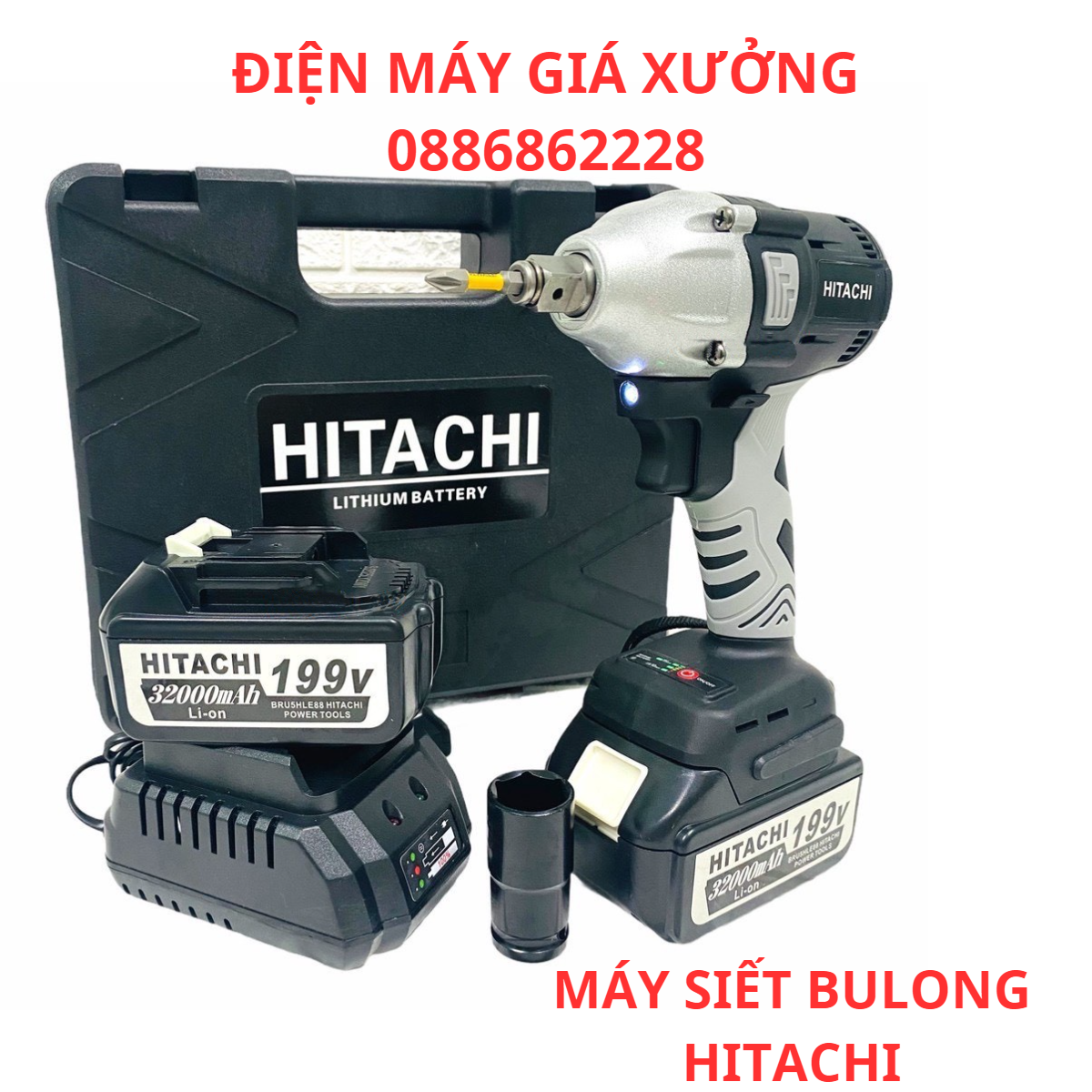 Máy Siết Bulong Hitachi 198VF 2 PIN Đầu 2 Trong 1, Máy Bắn Bulong Không Chổi Than Khoan Tường Bắn Vít Mở Ốc Xe Pin Khỏe
