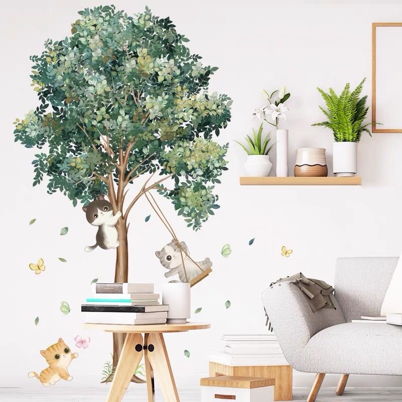Decal dán tường mèo chơi xích đu, sẵn keo