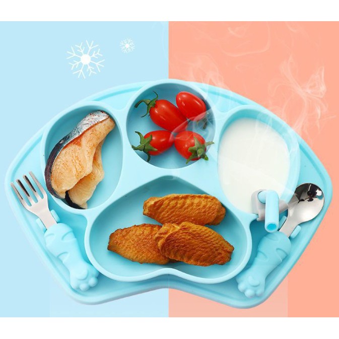 Khay ăn dặm cho bé bằng silicon chống đổ an toàn tặng kèm thìa, nĩa, ống hút, cọ ống hút Kukushop_Kids KD15