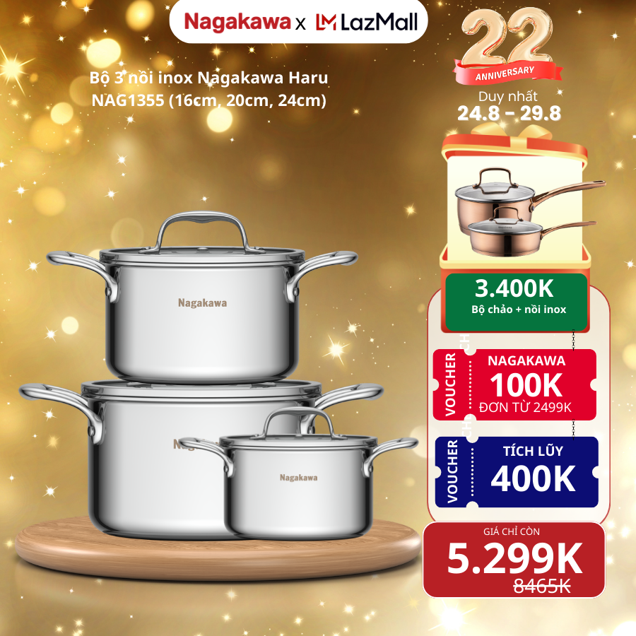 Bộ nồi inox Nagakawa Haru NAG1355, 3 kích thước 16cm, 20cm, 24cm, kết cấu 5 lớp toàn phần, dùng trên mọi loại bếp, an toàn cho máy rửa bát
