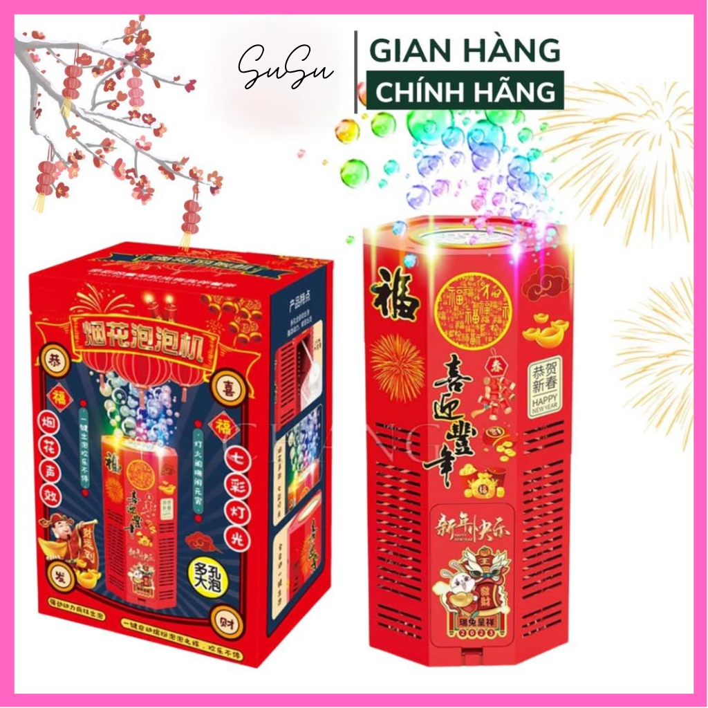 Máy thổi bong bóng xà phòng tự động có đèn led kèm nhạc, loa bắn bong bóng pháo hoa trang trí ngày tết vui nhộn ý nghĩa + tặng kèm dung dịch 100ml
