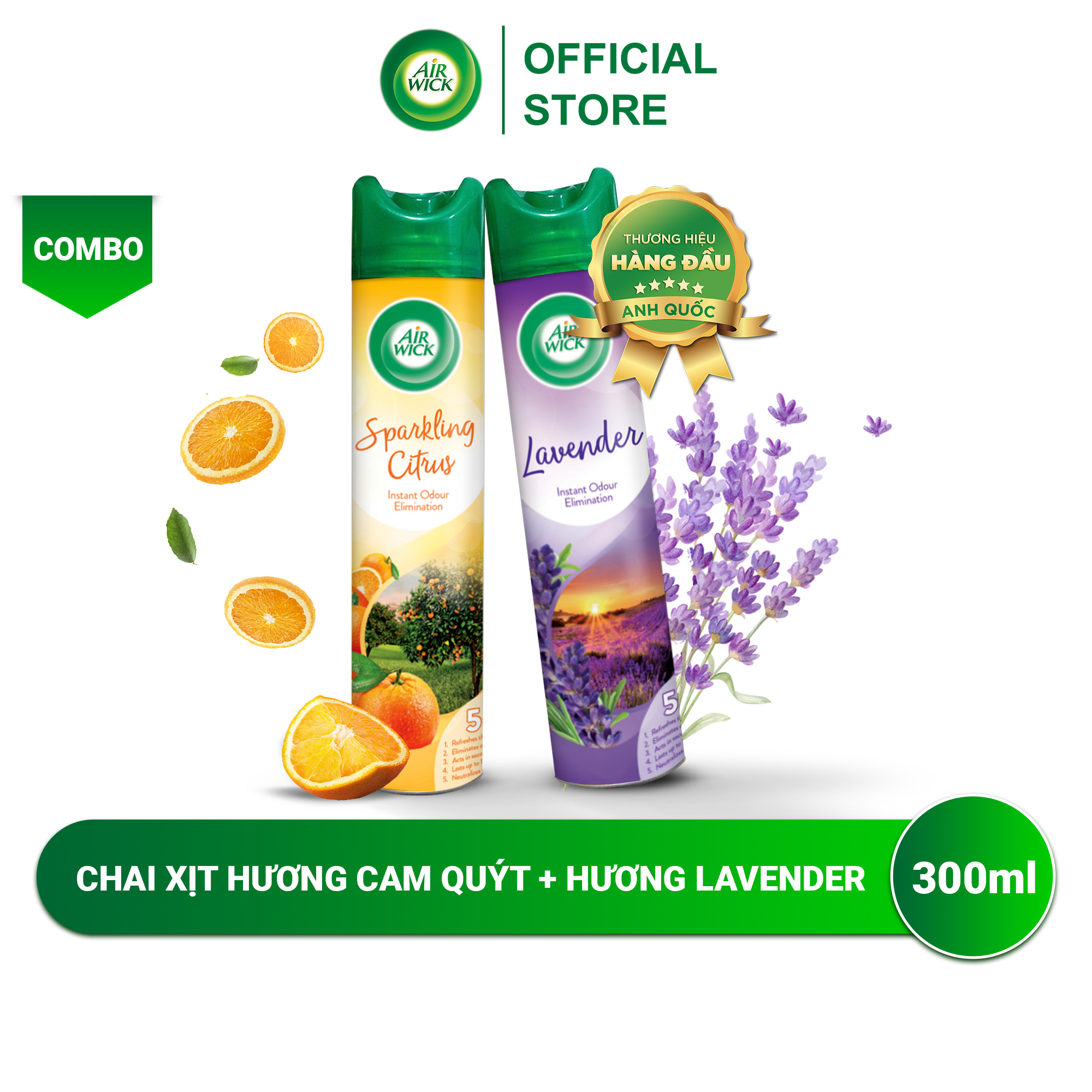 Combo 2 chai xịt thơm phòng, Air wick, hương cam quýt và lavender, khử mùi tức thì, hương tươi mát, 300ml/chai