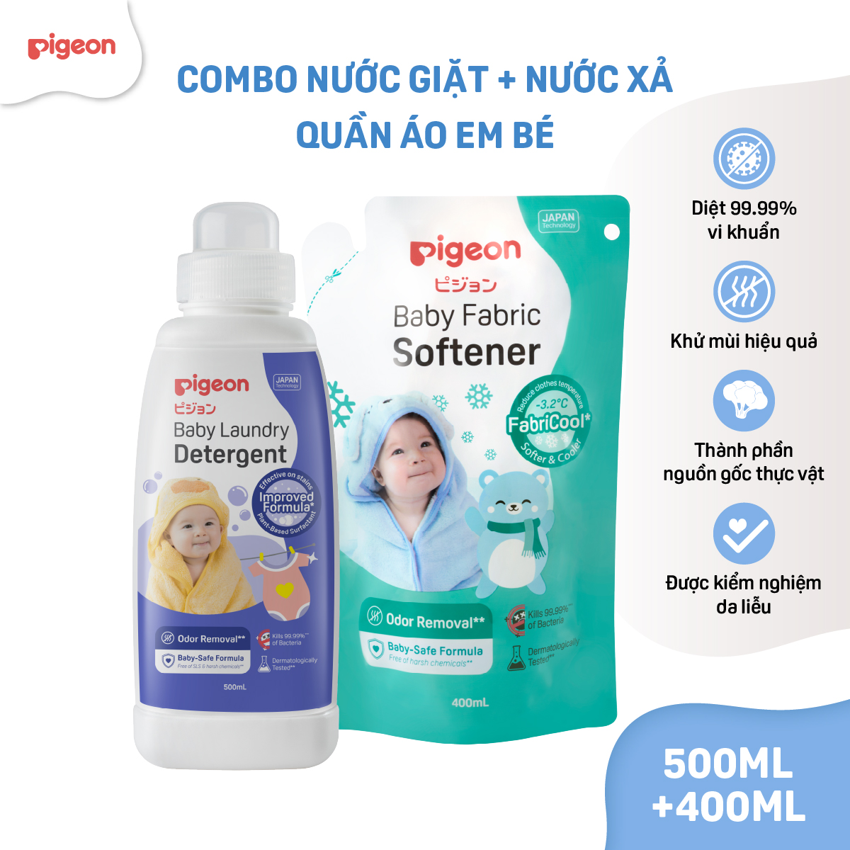 Combo nước giặt + xả quần áo em bé Pigeon nguồn gốc thực vật dịu nhẹ cho trẻ sơ sinh