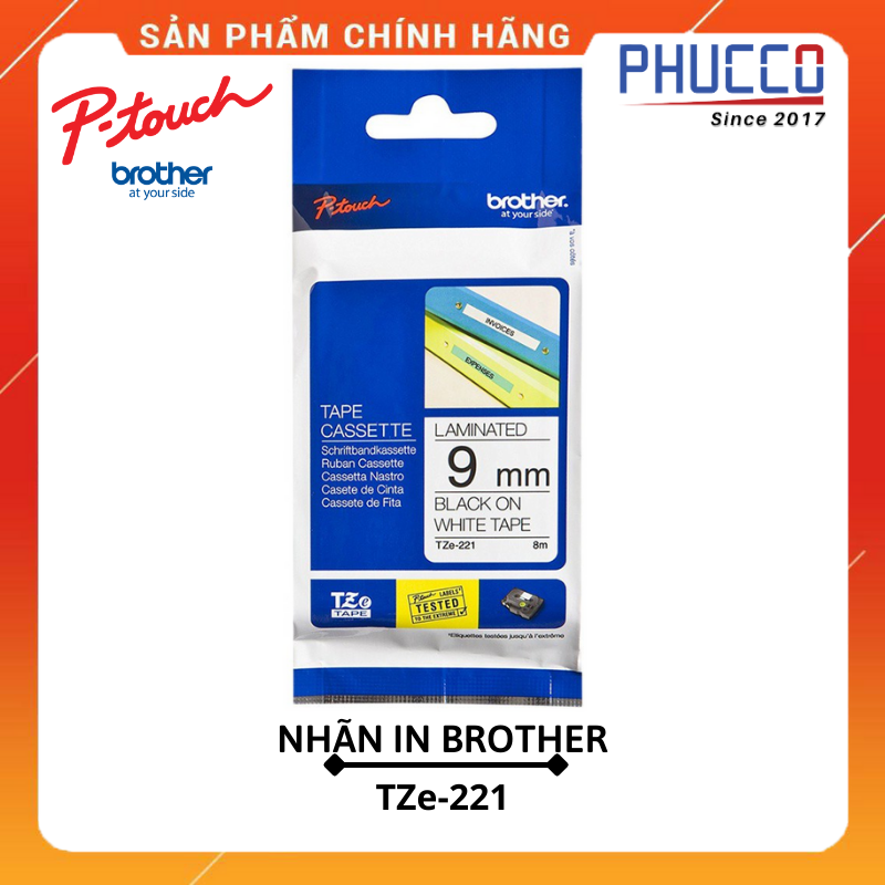 Nhãn in tiêu chuẩn tze brother tze-221 chữ đen trên nền trắng