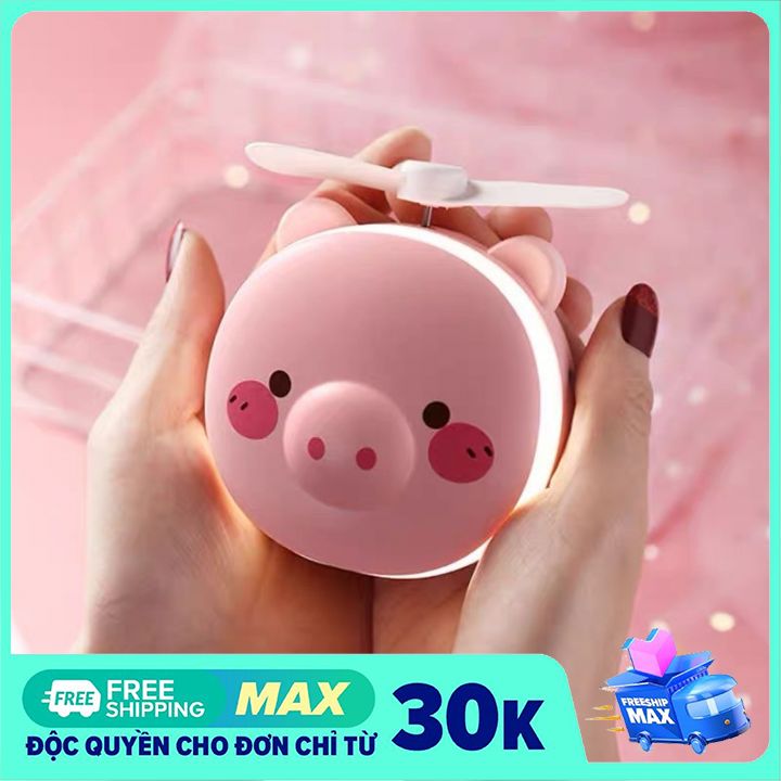 Quạt mini cầm tay lợn hồng kèm gương và đèn LED siêu dễ thương