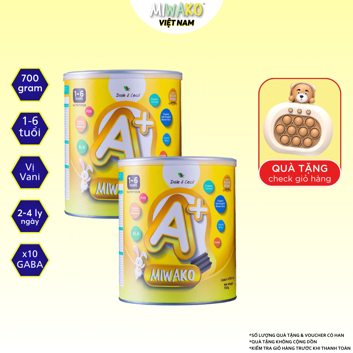 Combo 2 Hộp Sữa Thực Vật Hữu Cơ Miwako A+ hộp 700G Nhập Khẩu Malaysia Đầy Đủ Dưỡng Chất Cho Trẻ 1-6 tuổi (2 lon x 700g) - Miwako Official Store