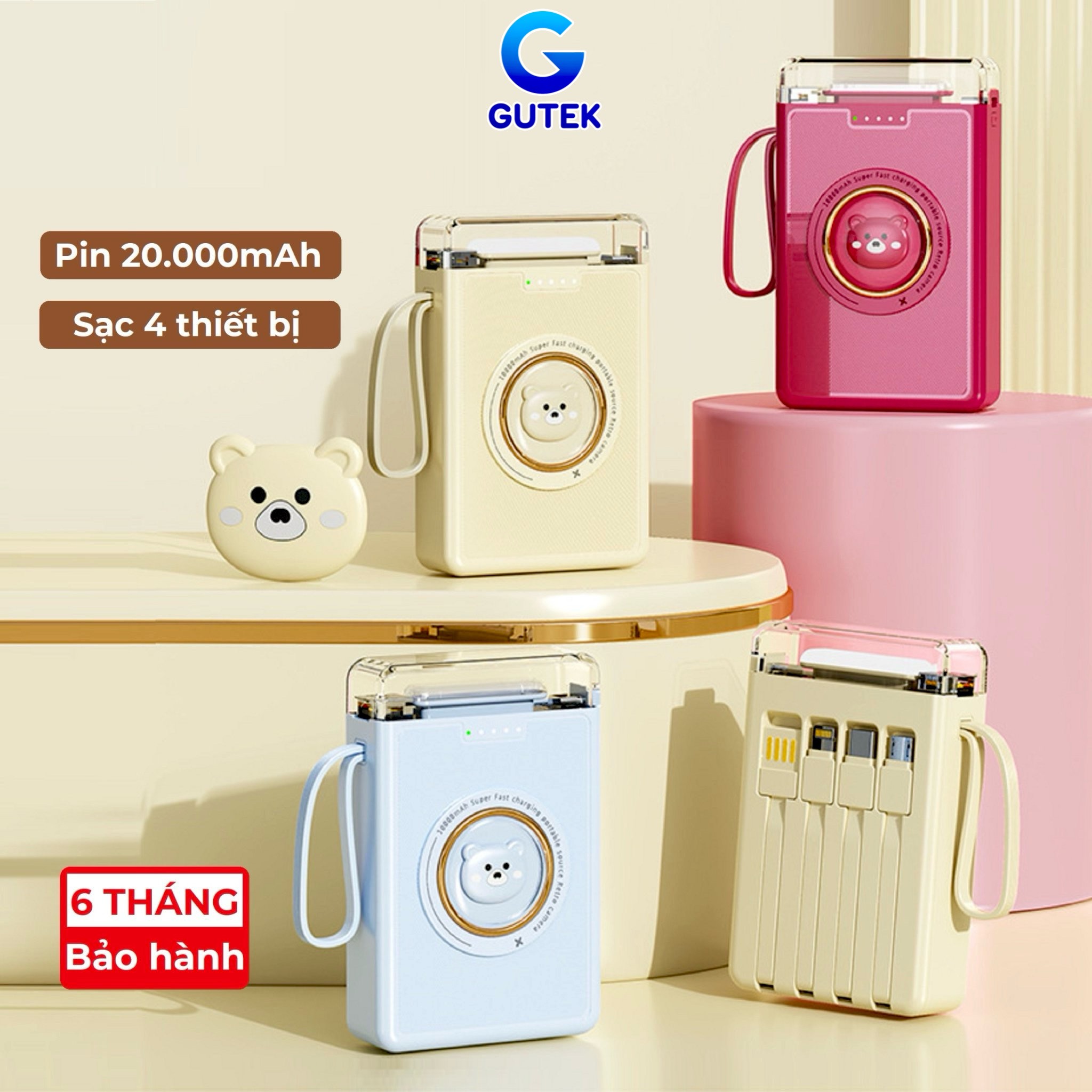 Sạc dự phòng 20000mah 10000mah sạc nhanh pin dung lượng lớn có dây sạc cho điện thoại - Gutek YM833