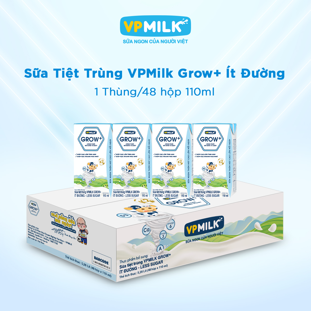 [Thùng 48 Hộp 110ml] Sữa Tiệt Trùng VPMilk Grow+ Ít Đường Cho Bé Từ 1 Tuổi