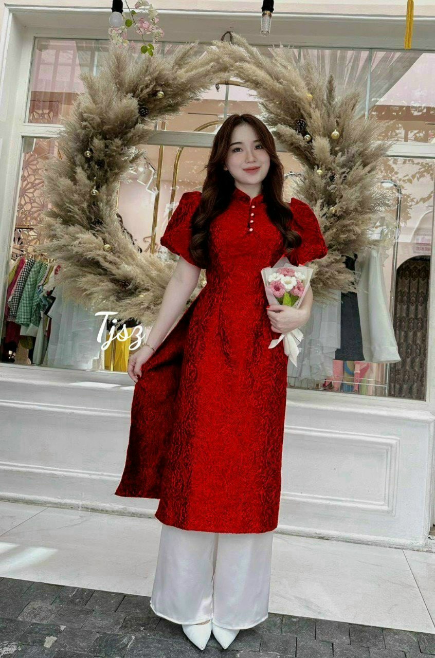 Đầm váy nữ SET áo dài GẤM cách tân tay phồng cách tân