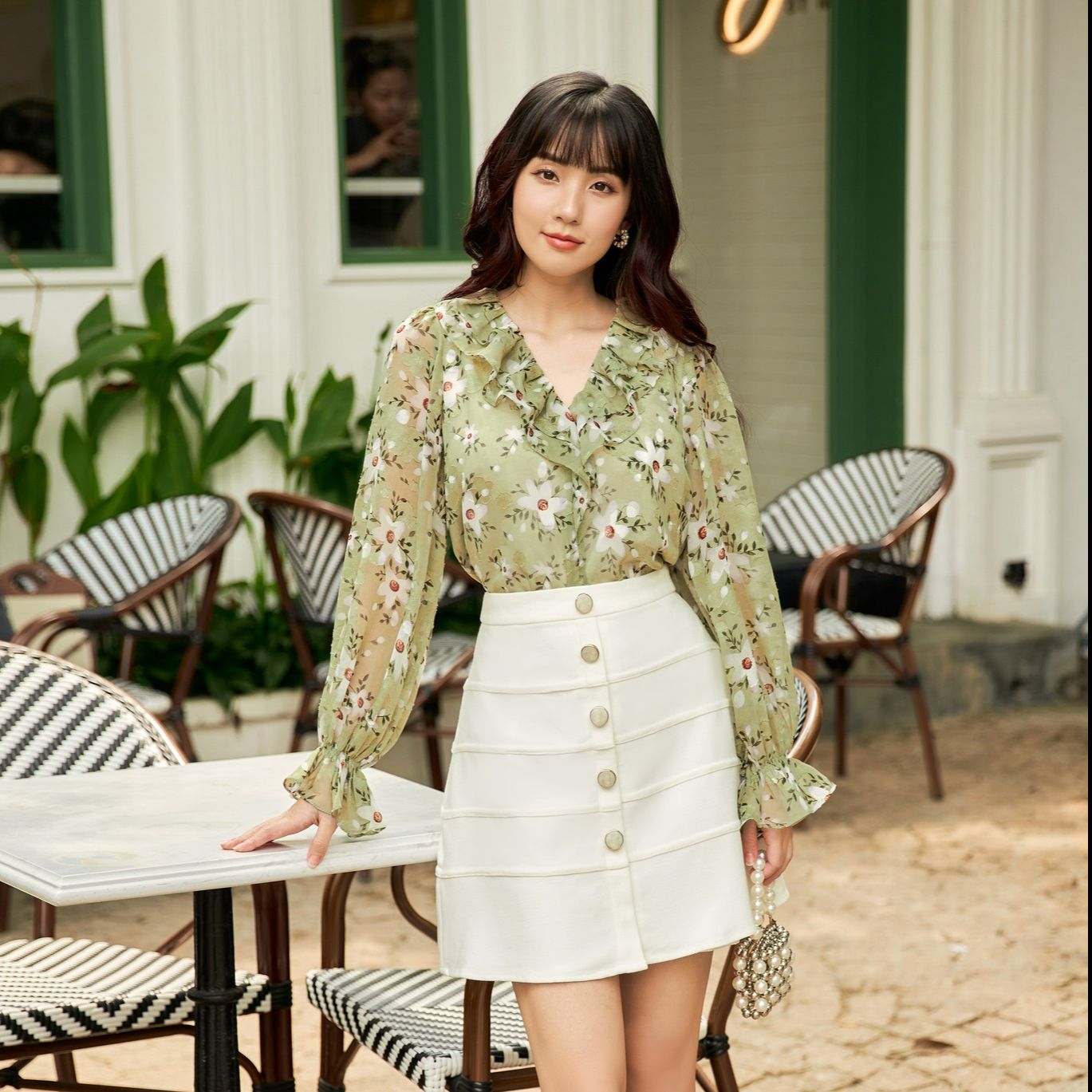 Olv - áo ruffle blouse in green
