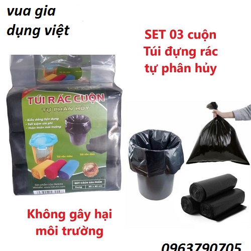 Combo 3 cuộn túi đựng rác tiện lợi màu đen size trung 55x65cm , combo 3 túi rác tự phân hủy