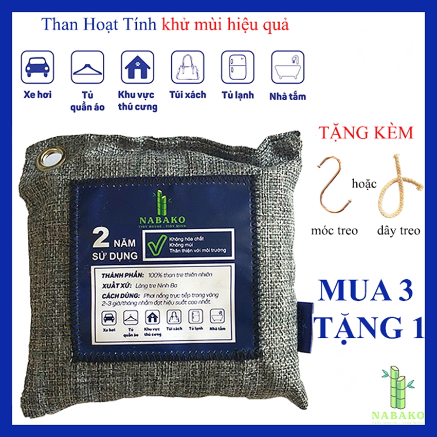 [MUA 3 TẶNG 1] Than Hoạt Tính Khử Mùi Ô Tô 200g - khử mùi phòng, khử mùi tủ lạnh, khử mùi nhà vệ sinh, hút ẩm phòng ngủ, hút ẩm tủ quần áo, lọc không khí ô tô + TẶNG kèm móc dán tường siêu chịu lực (10kg) 5k - Nabako