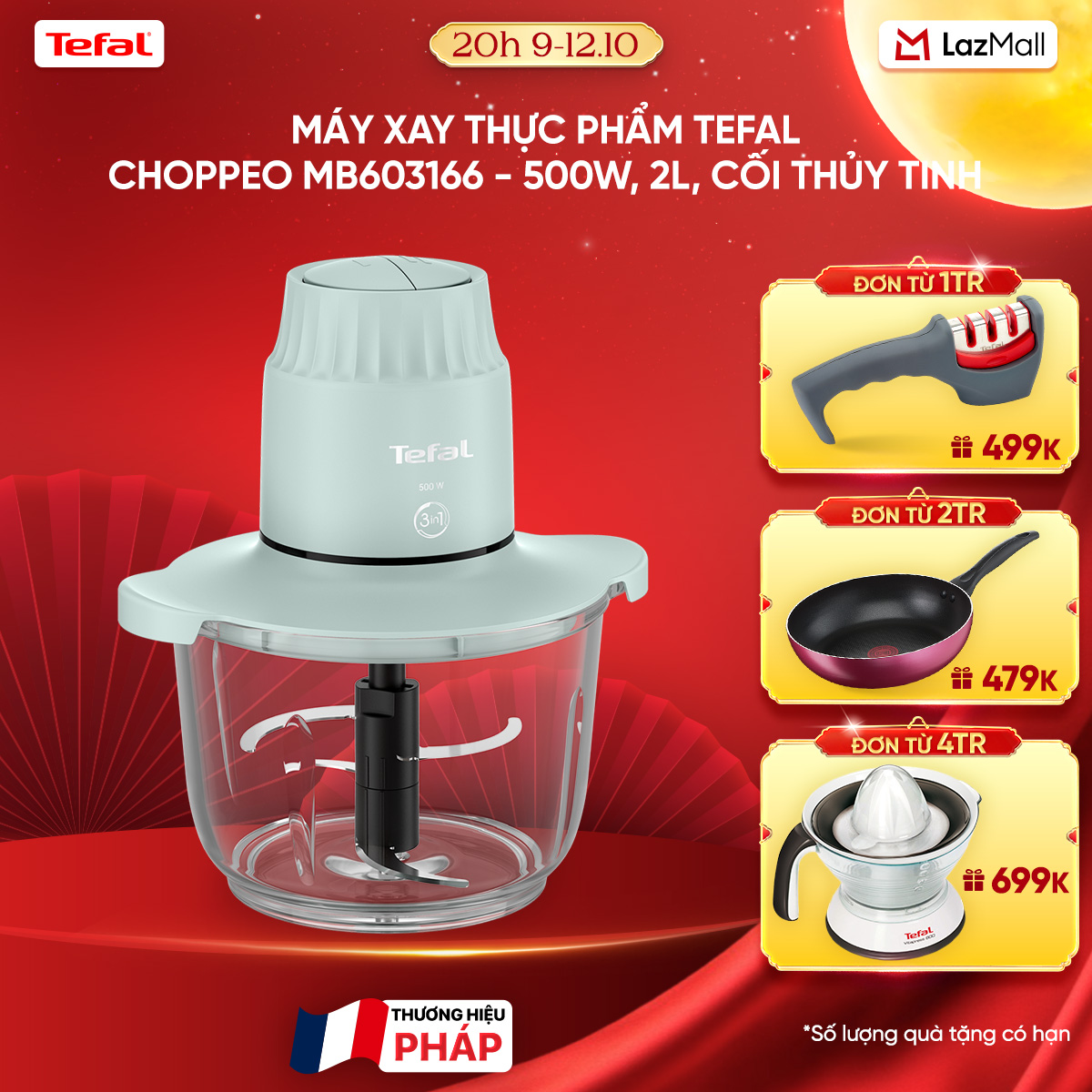 Máy xay thực phẩm Tefal Choppeo MB603166 - 500W, 2L, cối thủy tinh