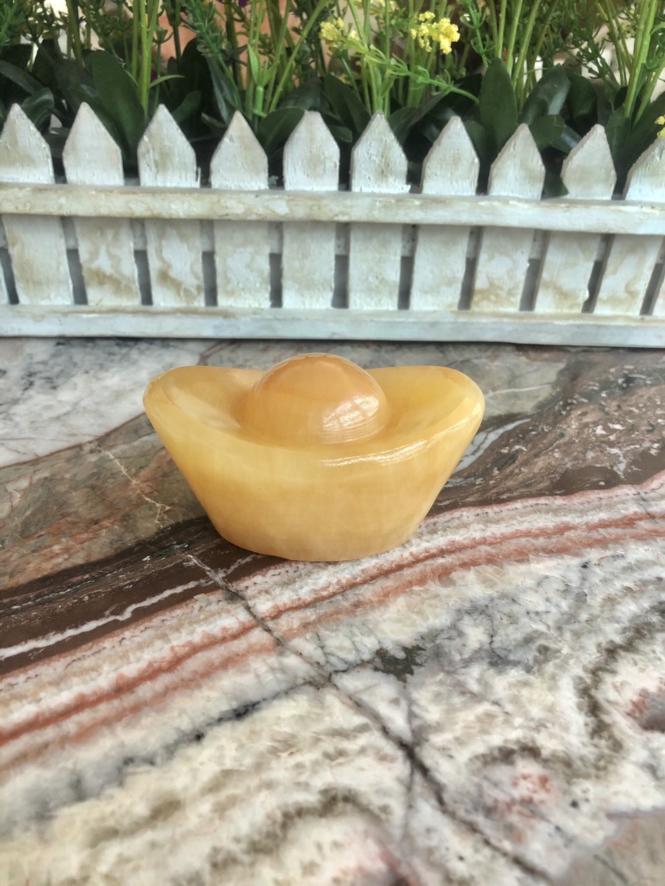 Thỏi vàng Thần Tài Kim Nguyên Bảo phong thủy chiêu nạp tài lộc đá ngọc hoàng long - Dài 8cm