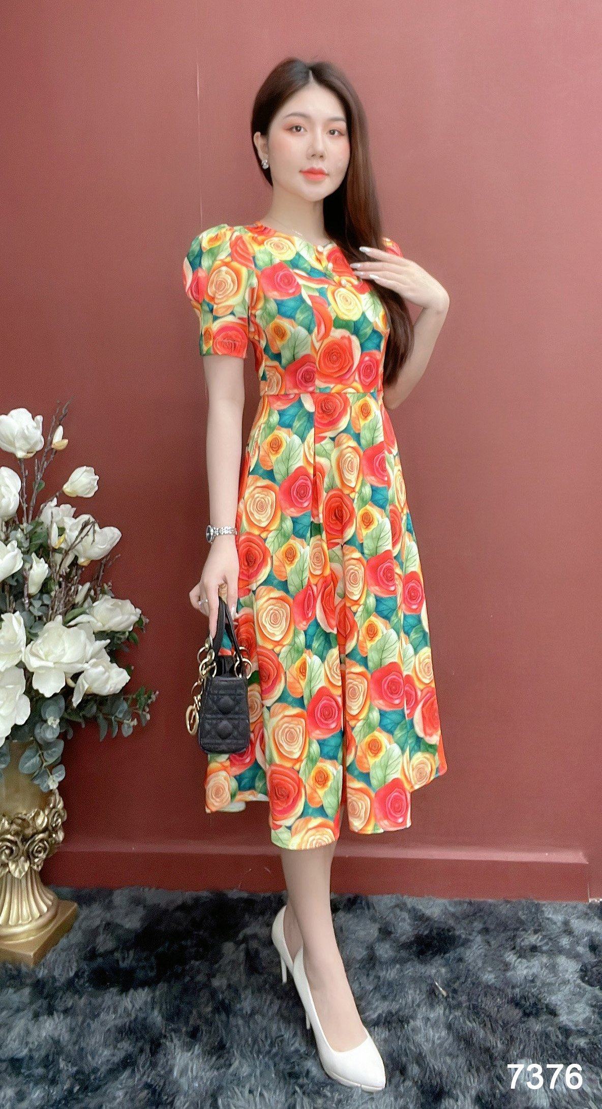 Đầm emy em7376 xoè hoa cam