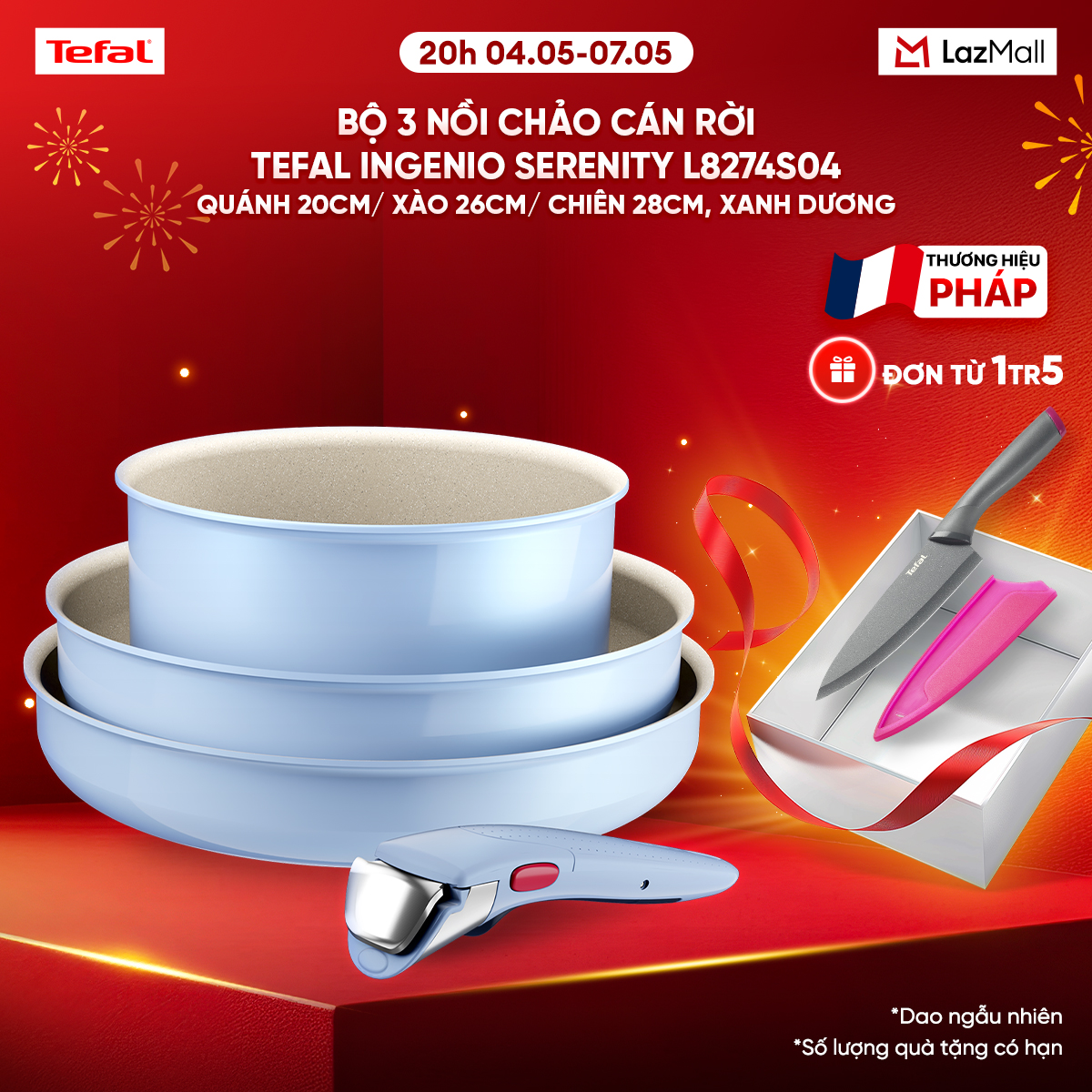 Bộ 3 nồi chảo cán rời Tefal Ingenio Serenity L8274S04, quánh 20cm/ xào 26cm/ chiên 28cm, xanh dương pastel