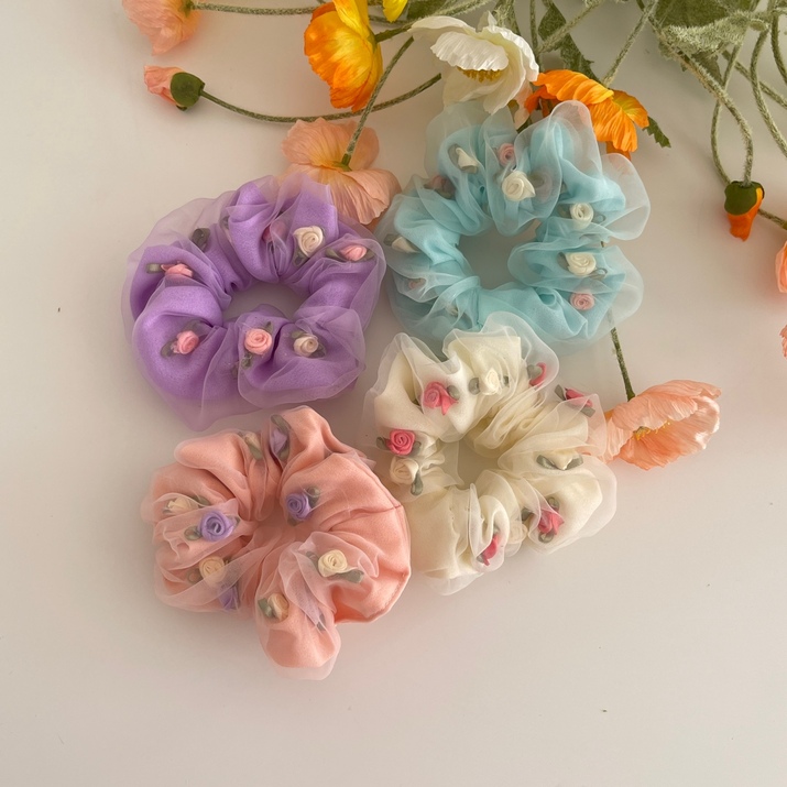 Cột tóc vải voan đính hoa hồng nữ tính Modleaf Chiffon rose hairband Hàn Quốc
