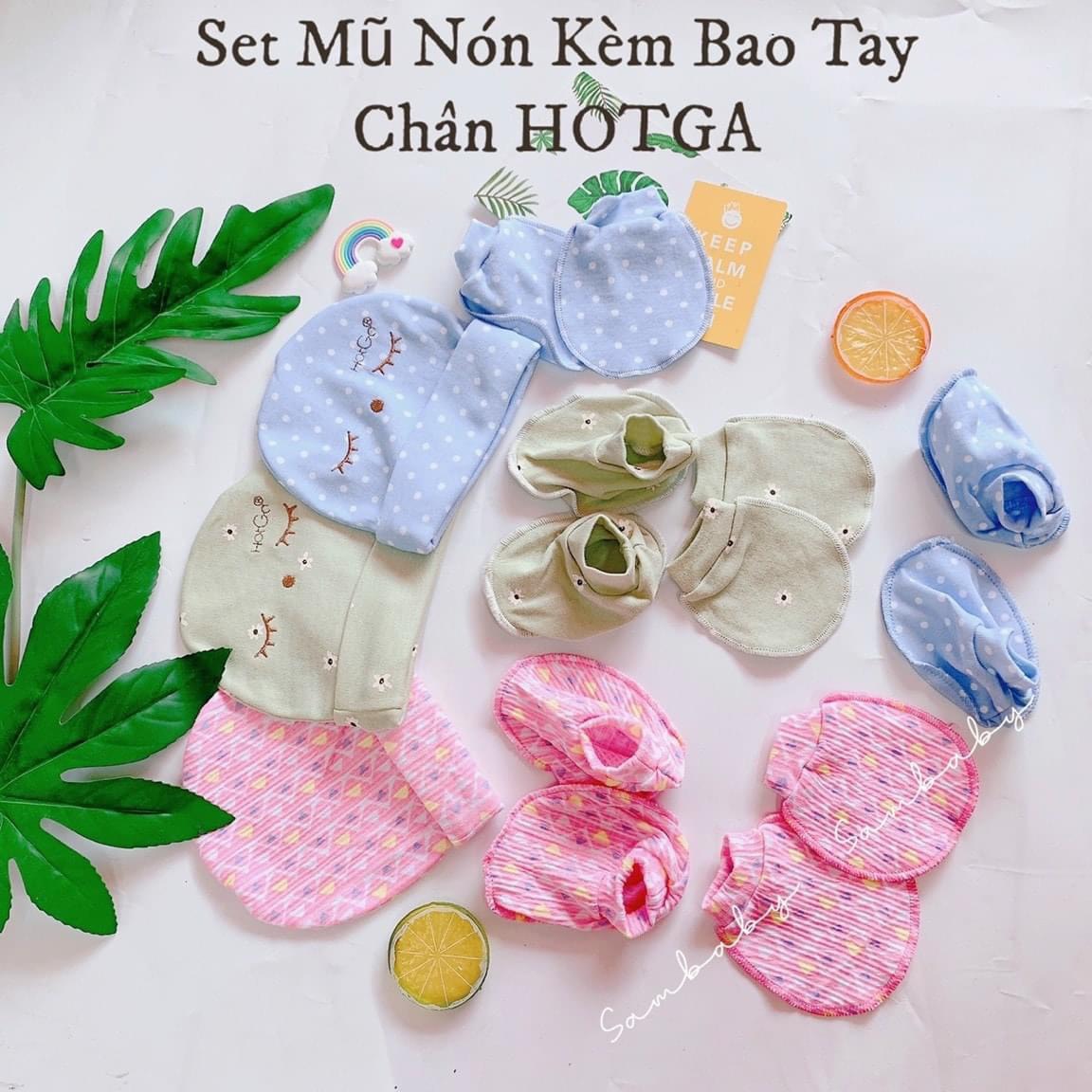 (Loại đẹp) Set Mũ nón kèm bao tay chân sơ sinh HotGa mềm mại, dễ thương, co giãn tốt cho bé từ sơ sinh đến 3 tháng
