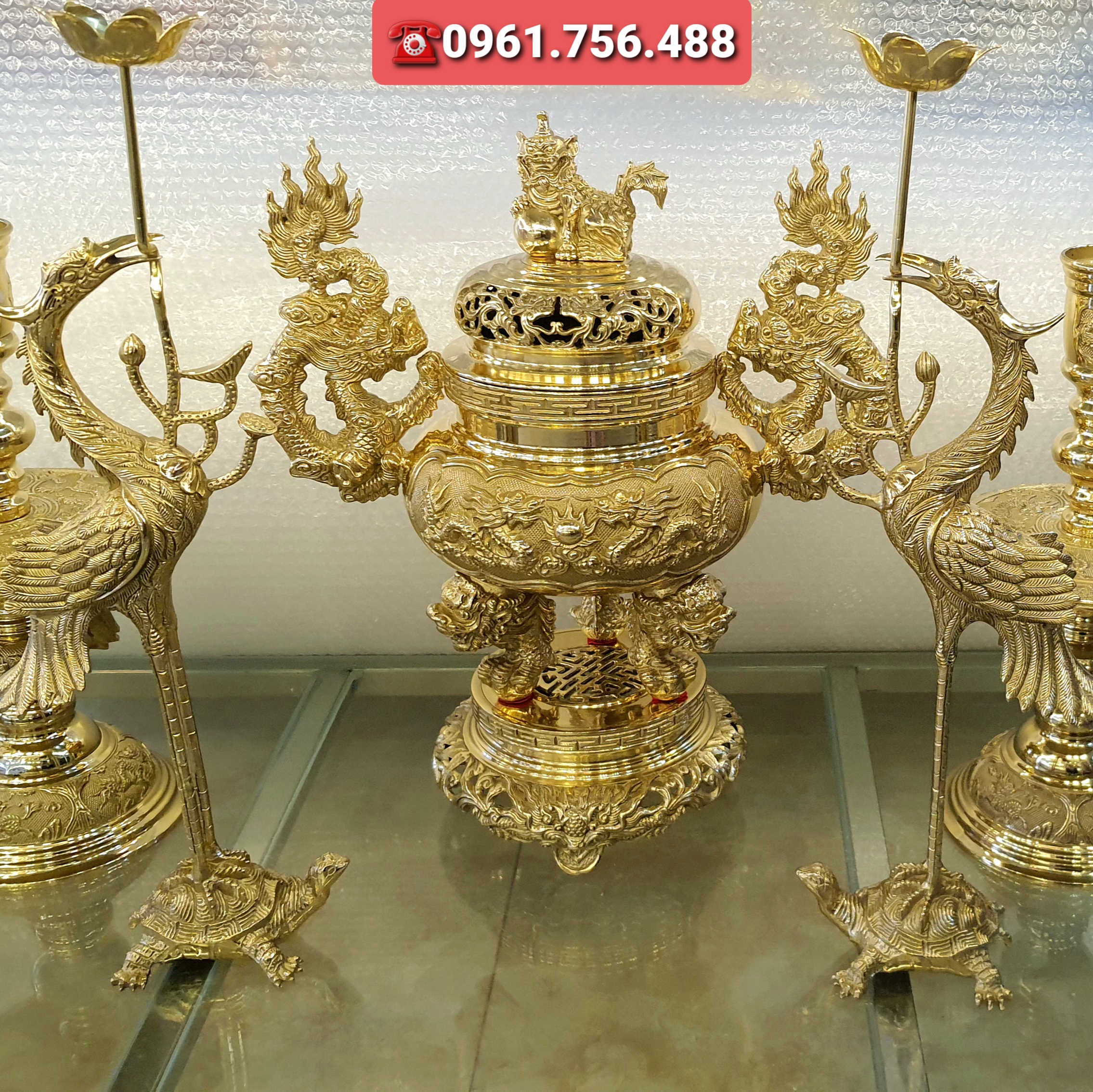 Bộ lư hương đồng vàng 40- TAM SỰ HẠC 40cm