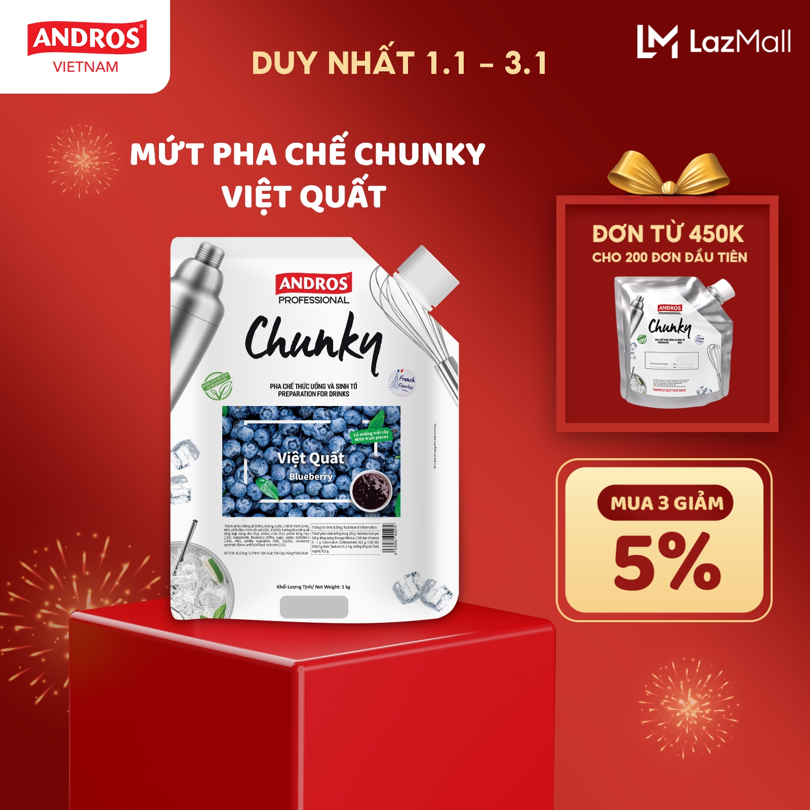  Mứt Pha Chế Việt Quất - Có miếng trái cây thật - Nguyên liệu pha chế - ANDROS CHUNKY - 1kg 