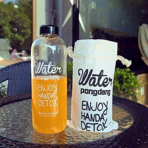 BÌNH NƯỚC DETOX Water PongDang 1L + TÚI ĐỰNG - Bình nước detox 1000ml, bình nước thể thao, bình nước nhựa trong suốt 1 lít có túi dây rút đẹp kèm theo