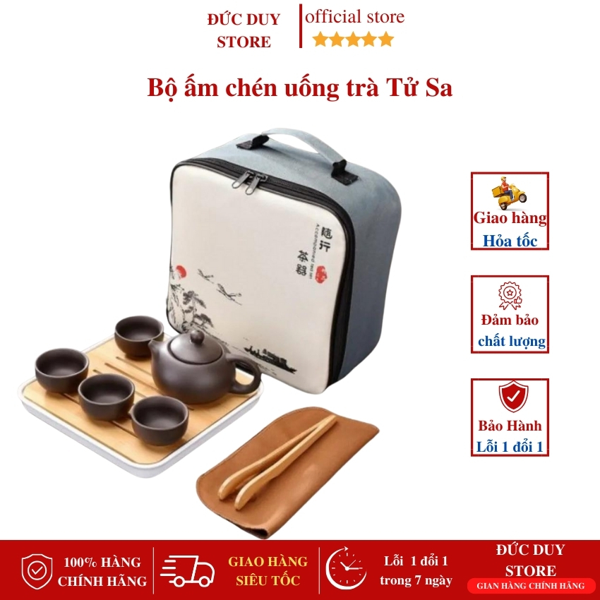 Bộ ấm pha trà tử sa, Bộ ấm chén pha trà tử sa, Bộ ấm chén uống trà tử sa kèm khay có túi đựng xách tay