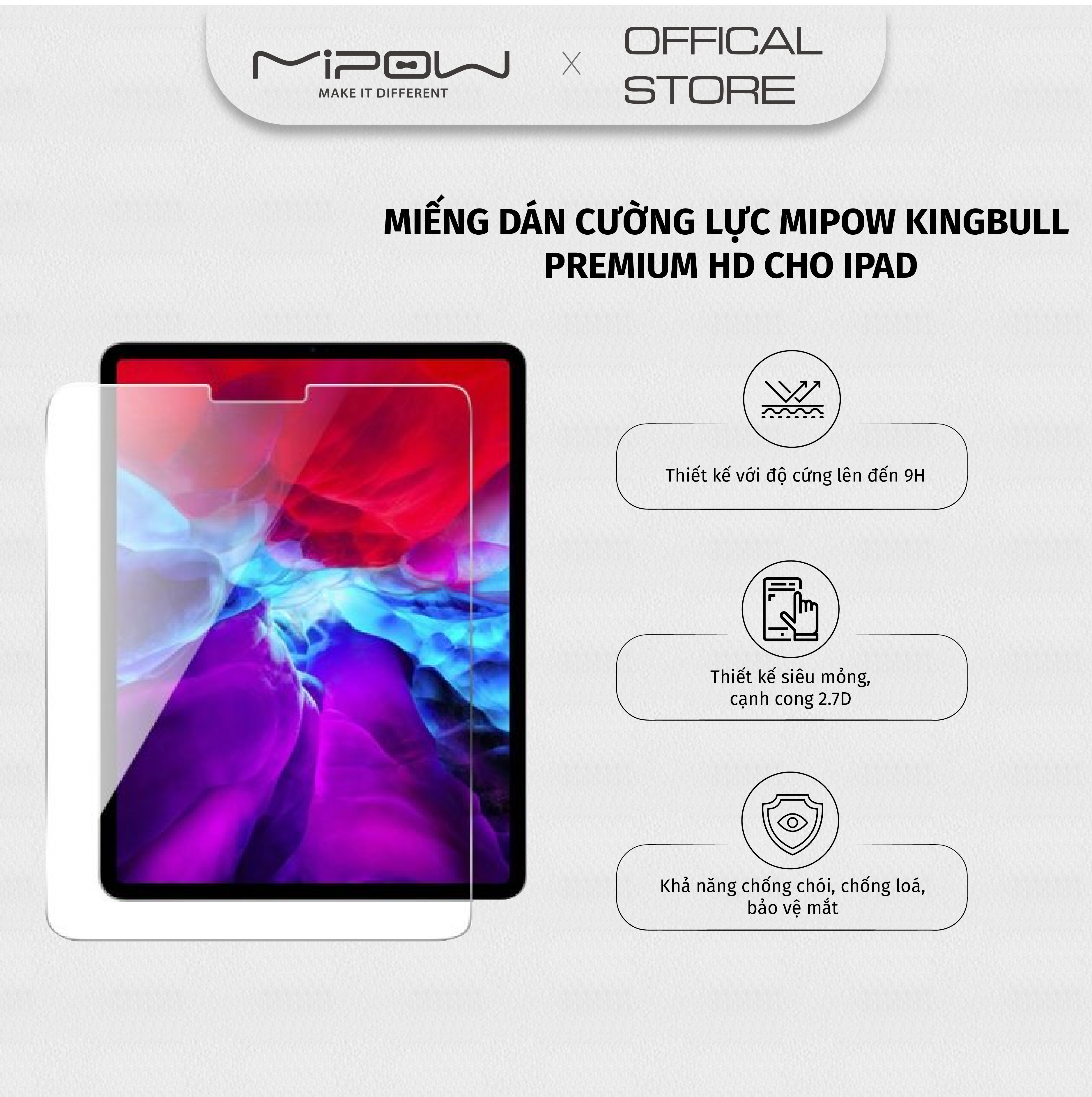 Miếng dán cường lực Mipow King Bull Premium HD (2.7D) iPad Pro 2018-2021/10.2 inch/10.9 inch/12.9 inch