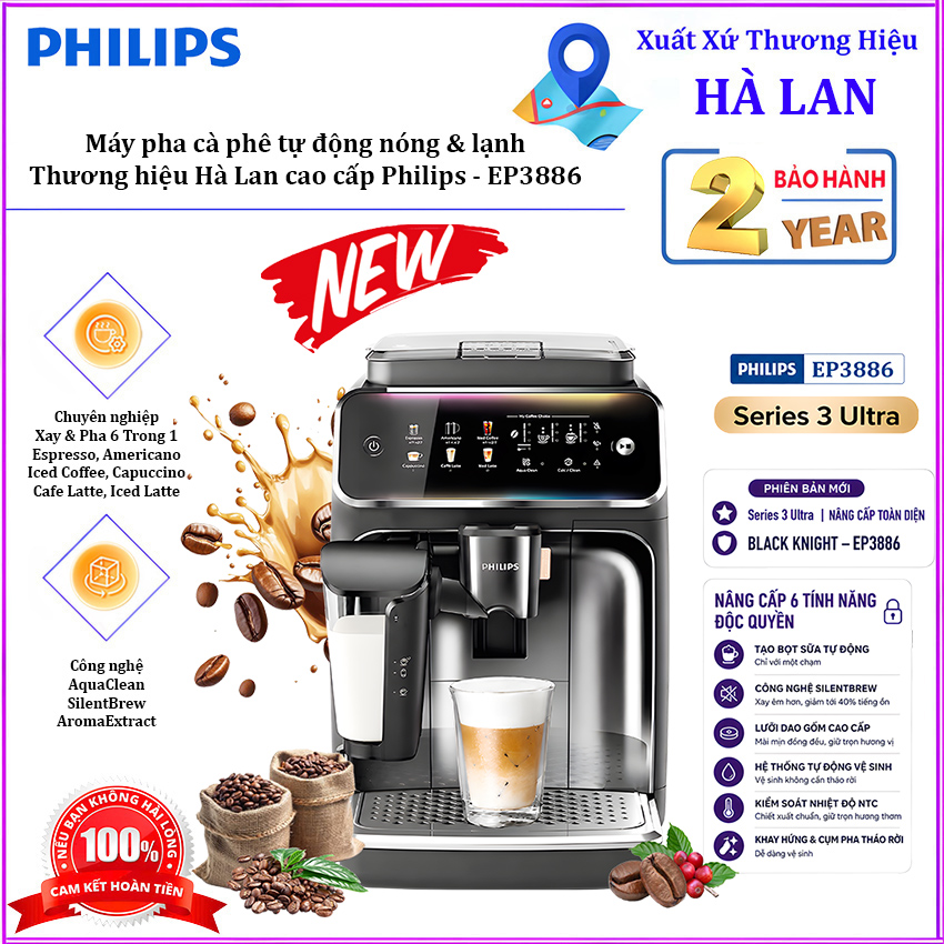 Máy Pha Cà Phê Tự Động Philips EP3886 Series 3800 Ultra | Pha Nóng & Lạnh Espresso Cappuccino Latte Chính Hãng