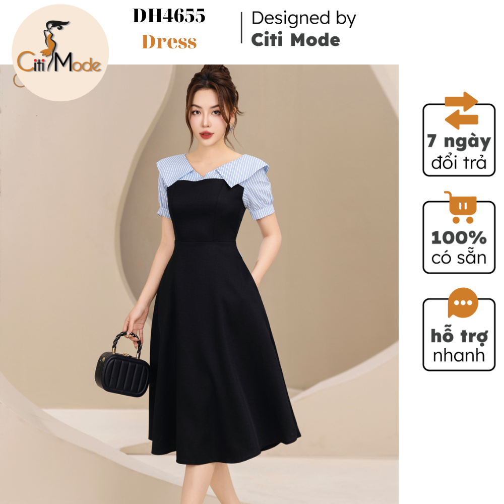 Đầm công sở citi mode fashion thiết kế dáng xoè đen phối tay ngực kẻ xanh dh4655