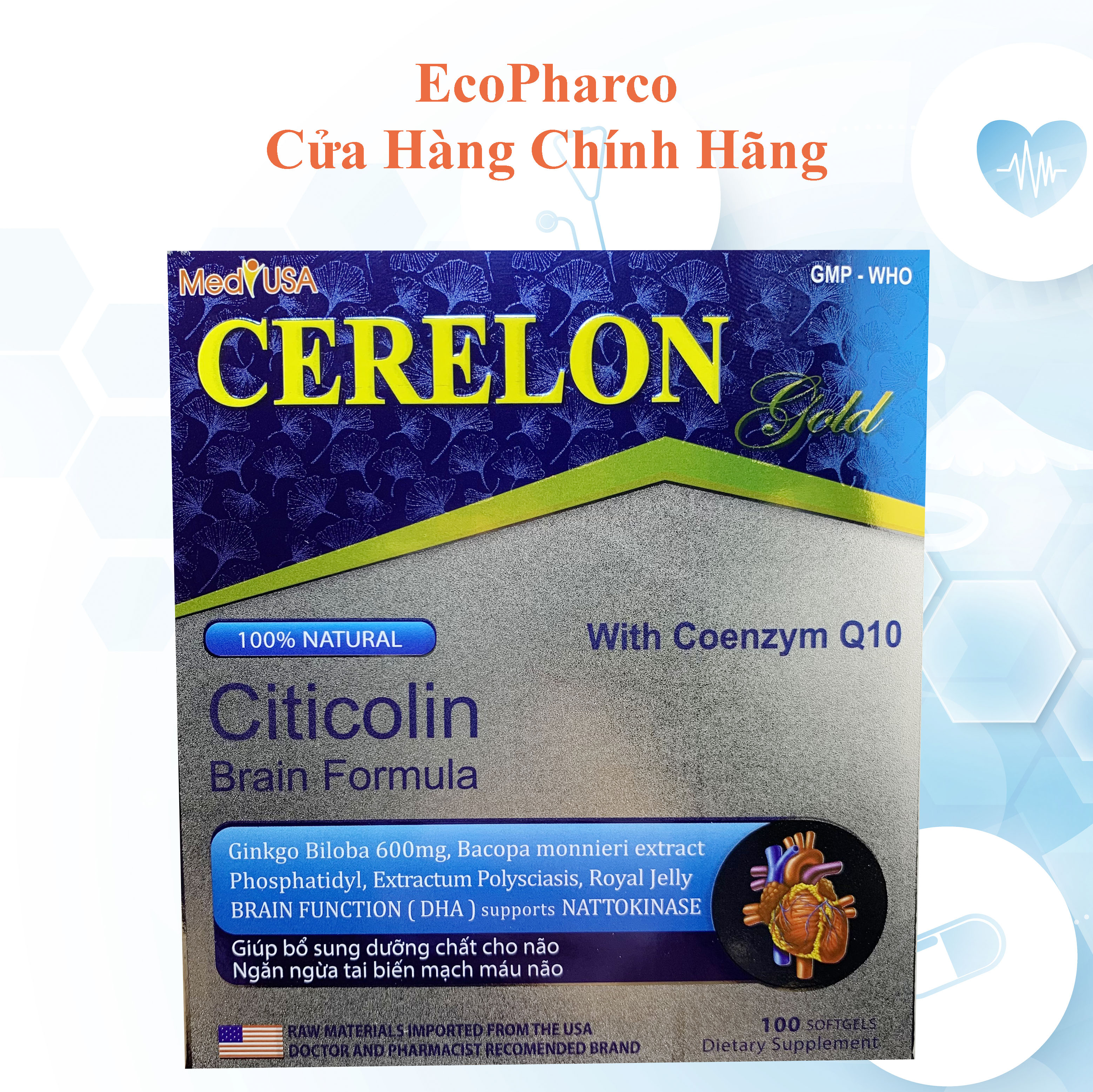 Bổ não CERELON GOLD Giúp hoạt huyết dưỡng não, tăng cường lưu thông máu, giảm tiền đình - Hộp 100 viên