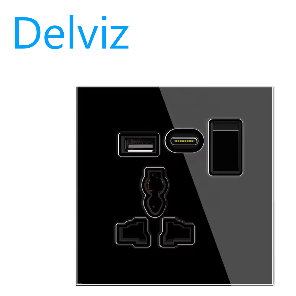 Delviz với điều khiển chuyển mạch, Crystal Glass Full board 13A Cổng điện 5V2A CỔNG C Phong cách quốc tế Power Wall USB Socket, Black Wall Socket, White Wall Socket, Grey Wall Socket.