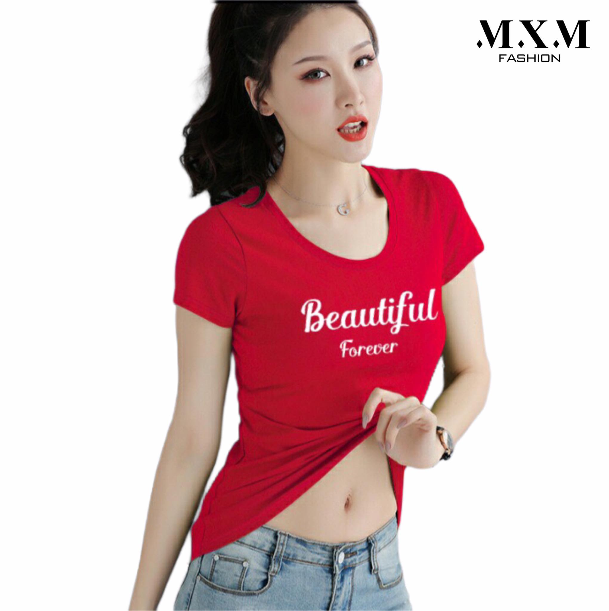 [HCM]Áo thun nữ cổ tròn form ôm body tôn dáng in chữ Beautiful mặc tôn dáng từ 40-52kg ( ANU025 )