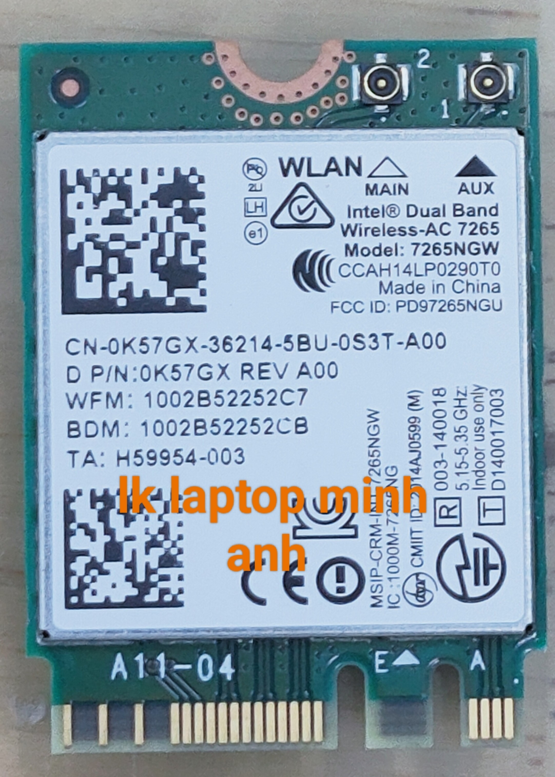 card wifi bluetooth 7265 AC, băng tầng 2,4G.  và5G  sử dụng cho laptop dell DELL lntel model 7265NGW khe lọt M2 NGFF