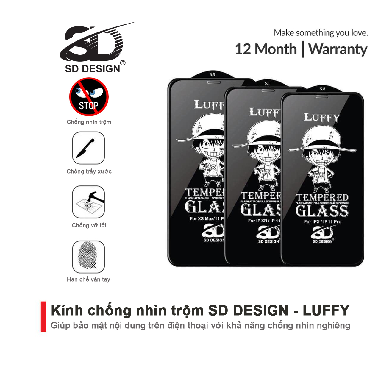 Kính Cường Lực Chống Nhìn Trộm iPhone SD DESIGN Luffy 6/6splus/7/7plus/8/8plus/x/xr/xs max/11 pro/11 promax/12/12 promax/13 /13 pro Max/14/14plus/14pro/14promax