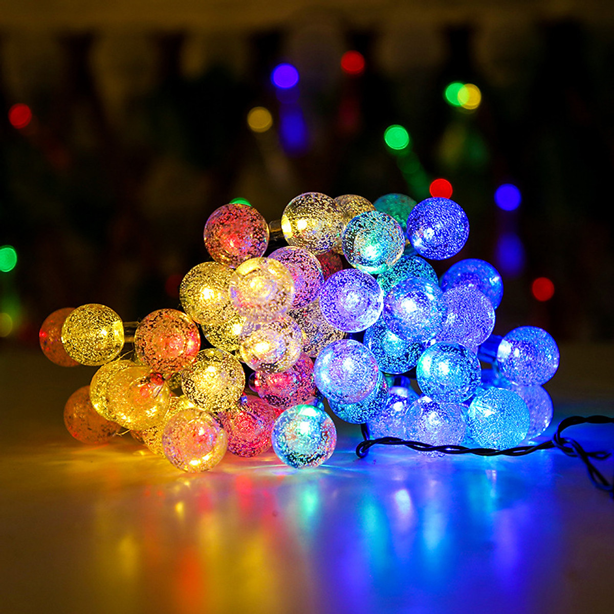 Dây đèn LED trang trí bi bọt nước 7M 50 bóng [2.4cm] Năng lượng Mặt trời, cherry ball, led trang trí sân vườn, hàng rào, ban công chung cư
