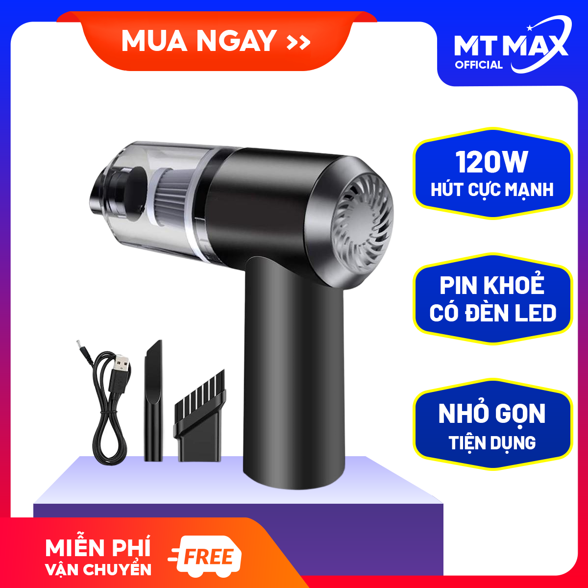 Máy hút bụi cầm tay mini sạc điện công suất 120W tặng kèm đầu hút và cáp sạc, Máy hút bụi mini, Máy hút bụi giường nệm sofa, Máy hút bụi mini cầm tay, Máy hút bụi tích điện