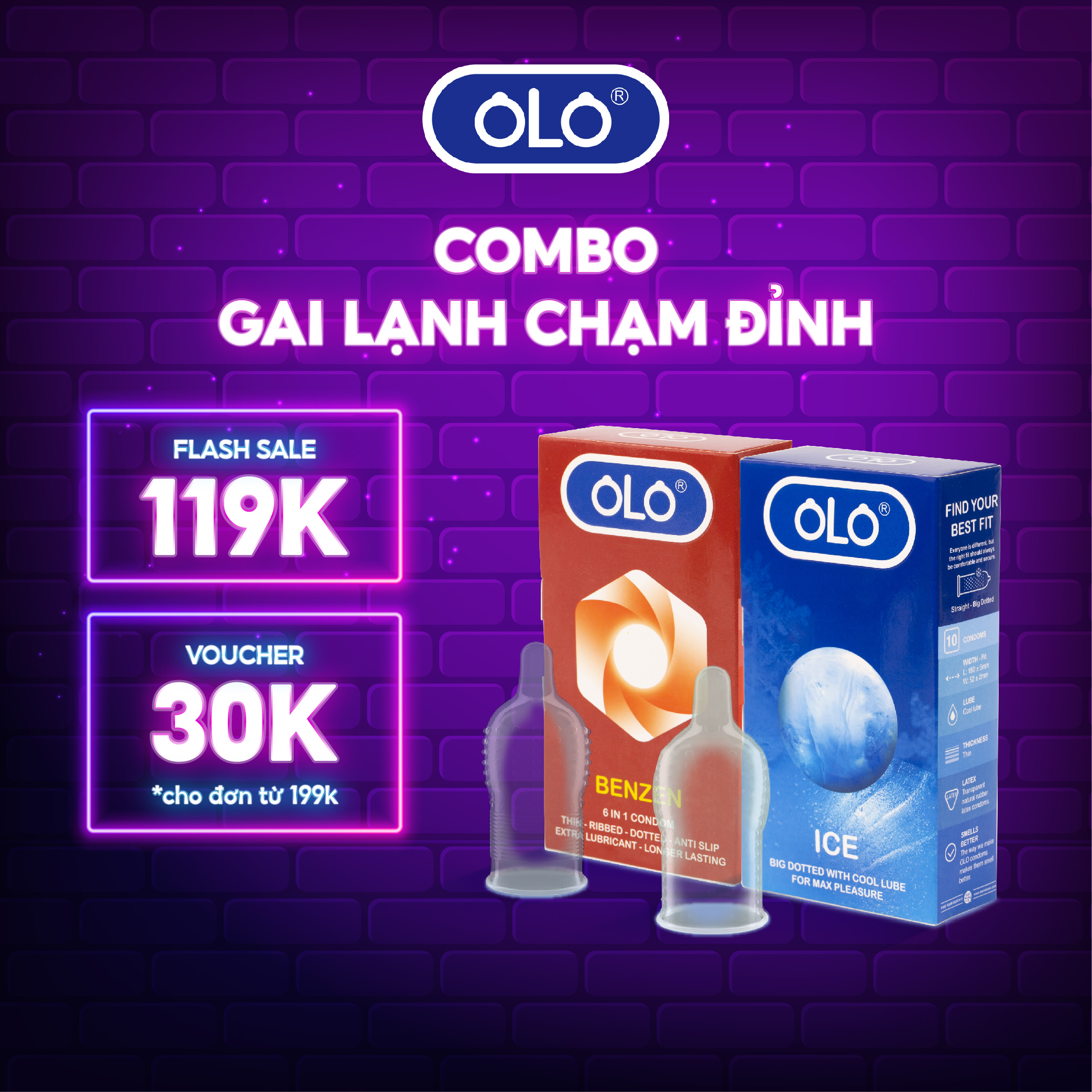 Combo 2 hộp bao cao su OLO Ice & Benzen - 20 cái, gân gai lớn, kéo dài thời gian, hương bạc hà & socola