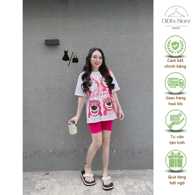 Set đồ nữ áo thun cotton tay ngắn in hình gấu dâu lotso siêu kute kết hợp với quần ngố chất thun gân.