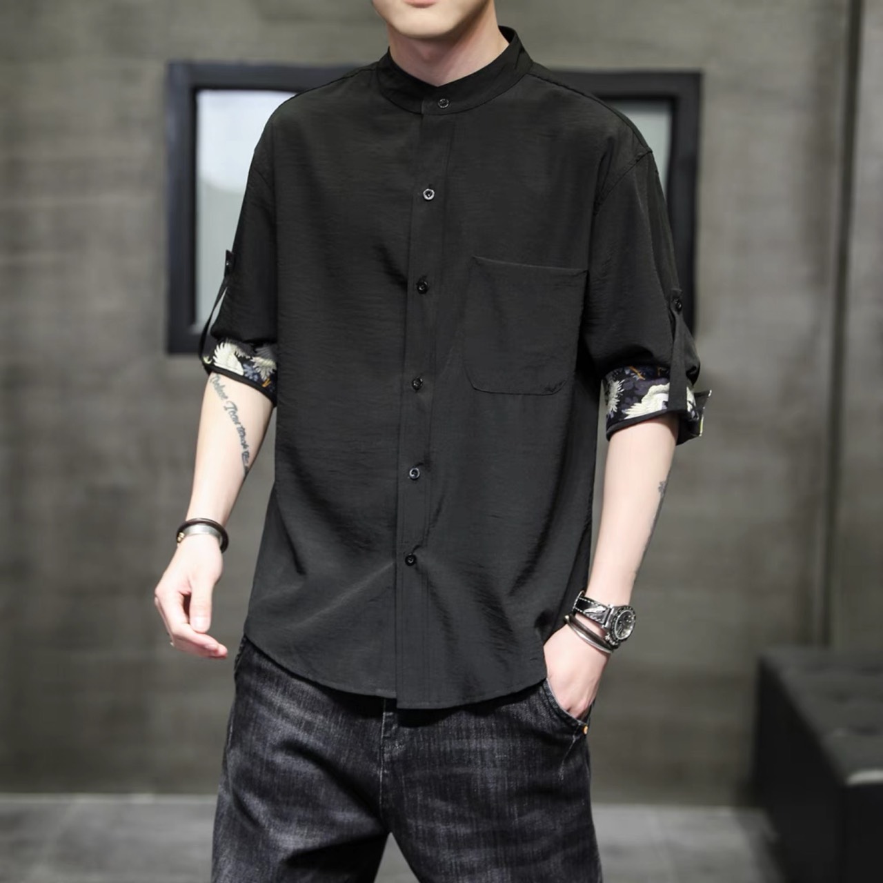 [HCM]Áo Sơ Mi Nam Cổ Tàu Tay Lỡ Phối Họa Tiết 3D Măng Set Tay Chất Liệu Đũi Lê Nin Cao Cấp TT