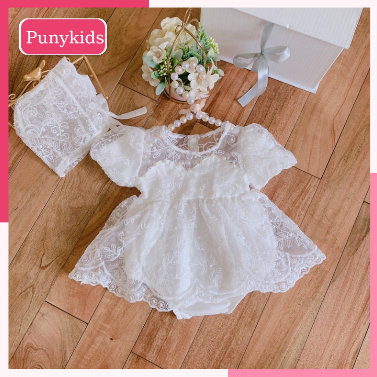 Váy bé gái sơ sinh punykids. body đầy tháng cho bé tặng kèm mũ và tất. bodysuit cho bé sơ sinh 0-12 tháng - punykids