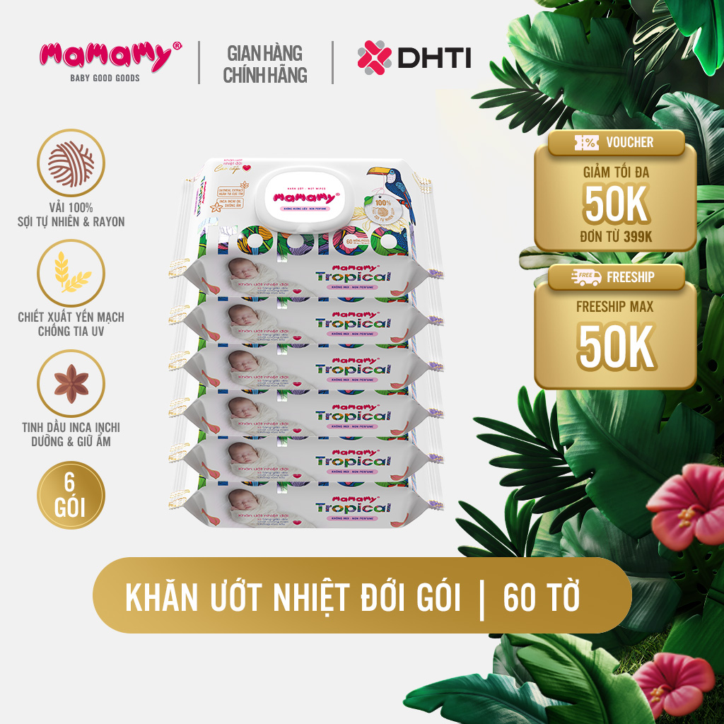 Khăn ướt cao cấp cho bé Mamamy Tropical gói 60 tờ 100% sợi tự nhiên và rayon ngừa hăm, mềm dai sạch cực