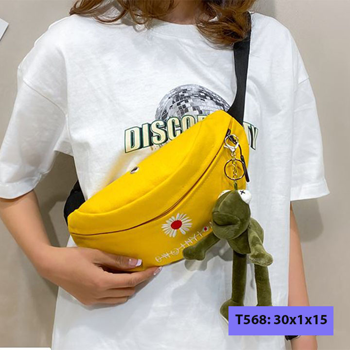 Túi bao tử đeo chéo vải bố unisex nam nữ đeo bụng đeo trước ngực hình hoa cúc kèm móc khóa T568