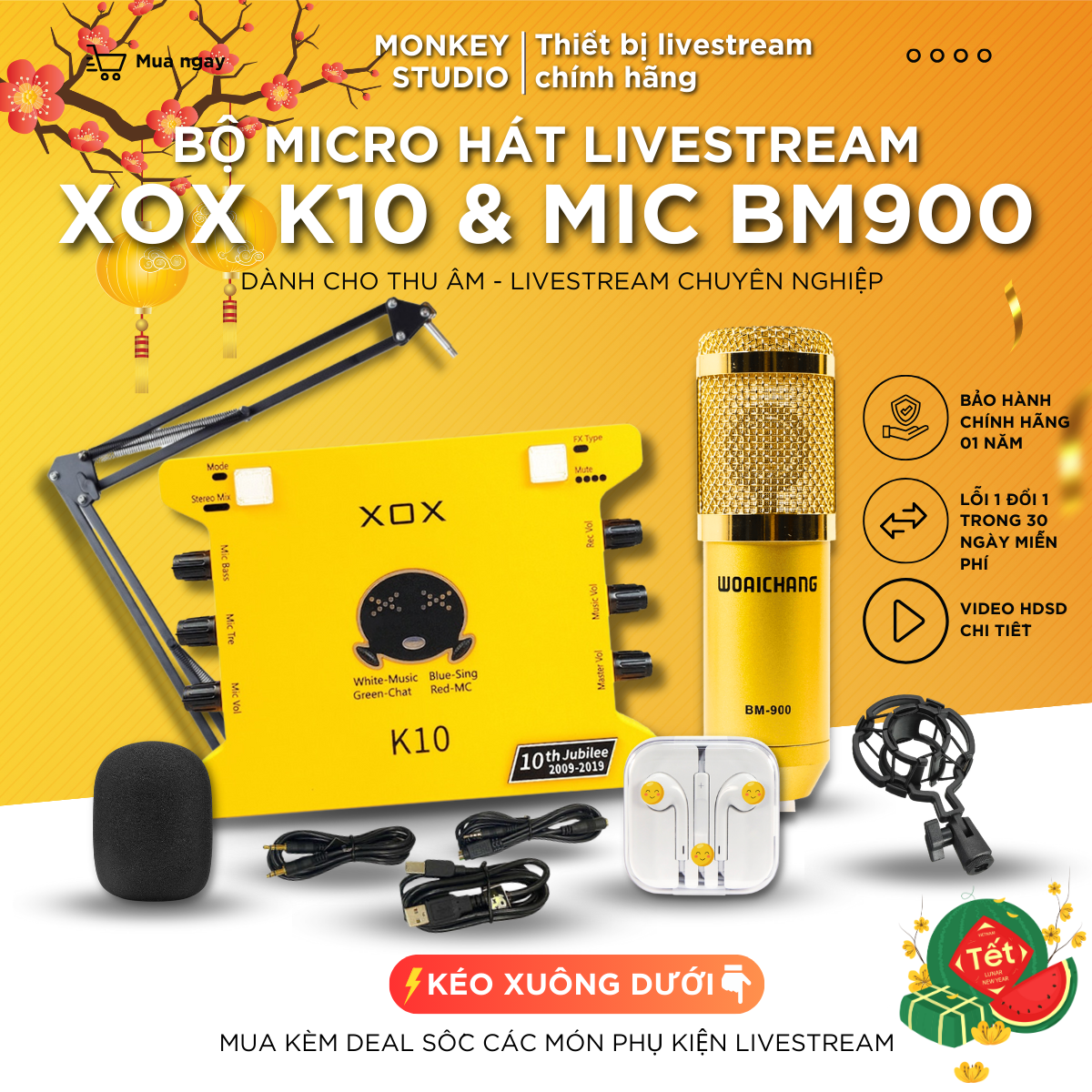 Mic Thu Âm | Micro Livestream Sound Card XOX K10 2020 & Mic BM900 Hát Livestream Điện Thoại Máy Tính, Monkey Studio