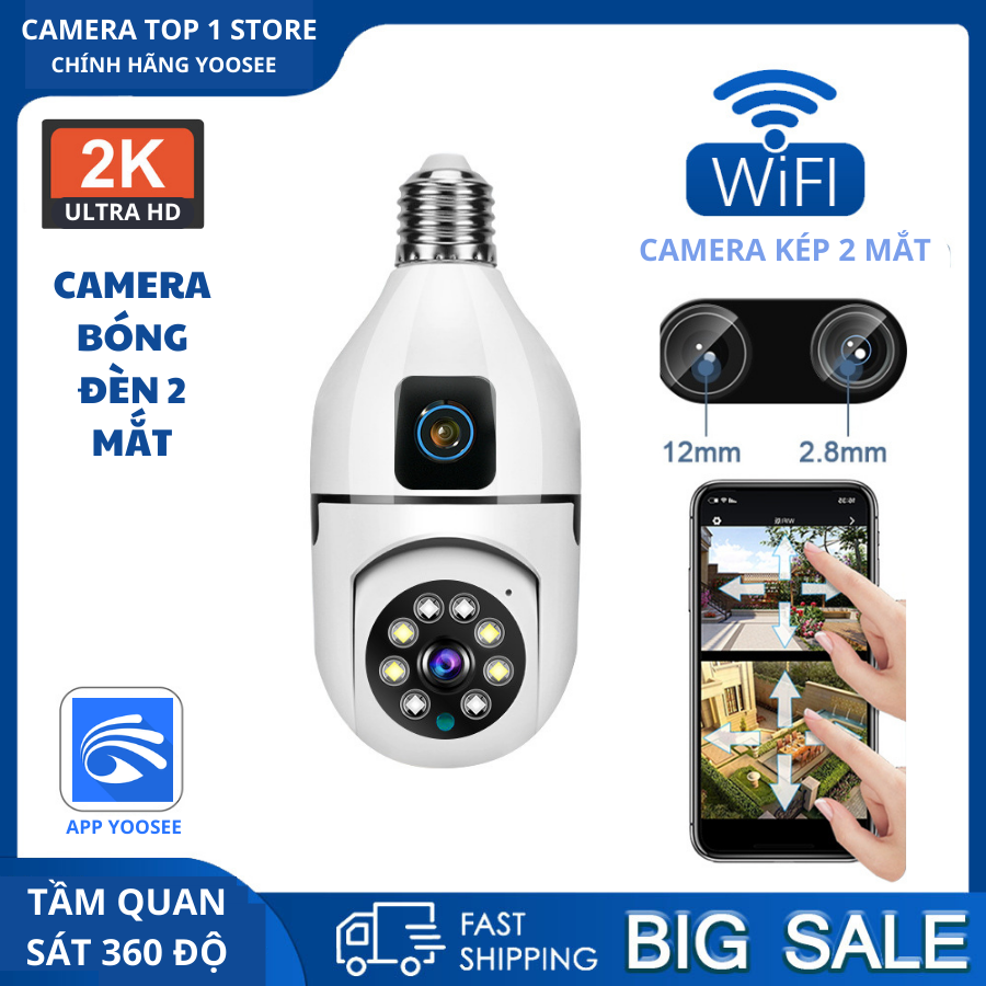 VOUCHER 10K CHO ĐƠN 500K Camera Yoosee Wifi BÓNG ĐÈN 2 MẮT 1 CỐ ĐỊNH 1 XOAY thế hệ mới 5.0MP - xoay 360 độ xem đêm có màu kèm chui cắm thông minh